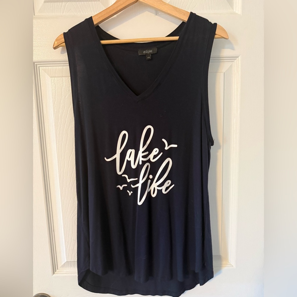 3/$20 Eclipse Women's Navy Tank Top with White 'Lake Life' Print